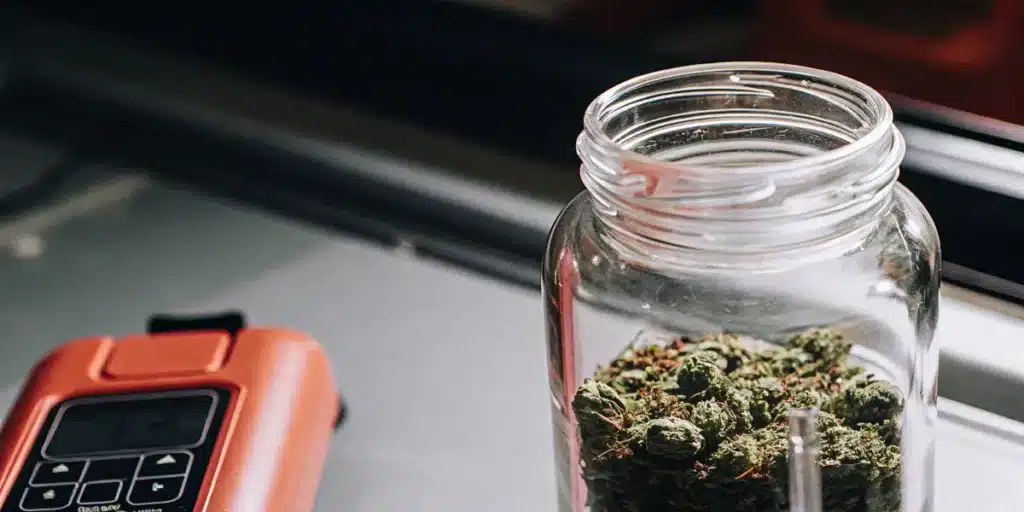 Glass jar filled with cured cannabis buds beside a digital moisture meter used for storage testing.