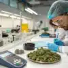 Cannabis laboratory quality analysis with technicians examining flower samples and recording test data.