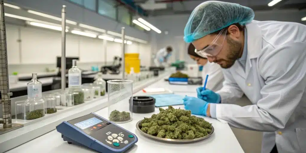 Cannabis laboratory quality analysis with technicians examining flower samples and recording test data.