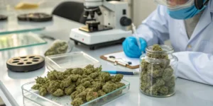 Laboratory technician documenting and inspecting cannabis flower samples during quality assurance testing.