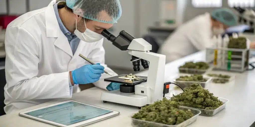 Cannabis microscopic quality analysis with a laboratory technician examining flower samples under a microscope.