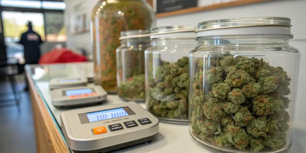 Cannabis buds stored in glass jars with digital moisture testing equipment for post-harvest quality assessment.