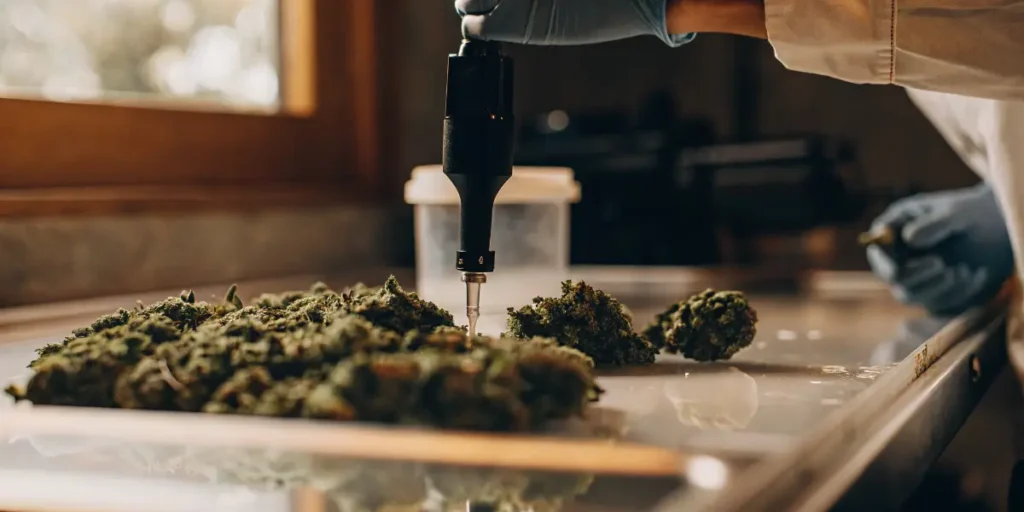Laboratory technician performing cannabis moisture testing on flower samples using a precision probe instrument.