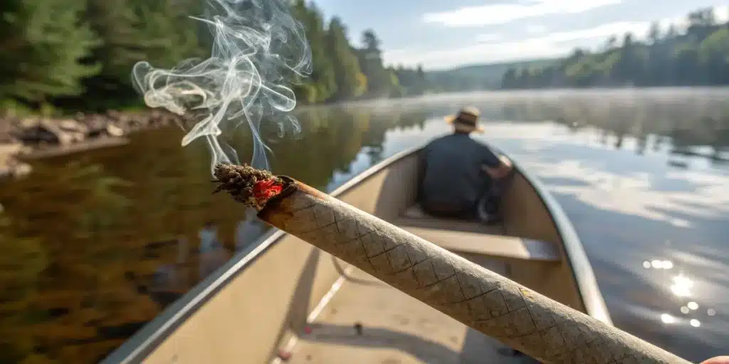 Cannabis pre-roll on canoe with smoke rising over a calm forest lake.