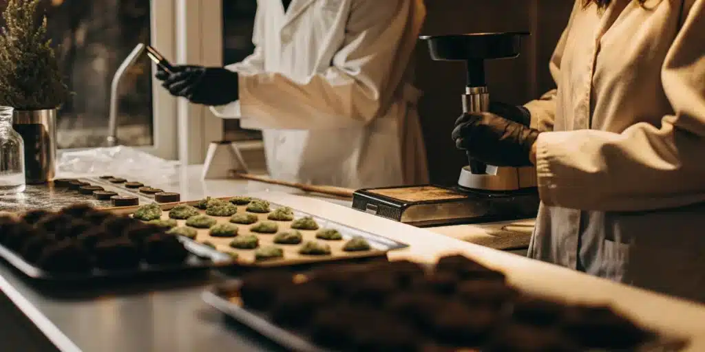 Laboratory technicians testing and processing cannabis products using specialized quality control equipment.