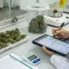 Cannabis quality assurance recordkeeping with a technician documenting flower sample inspection results.