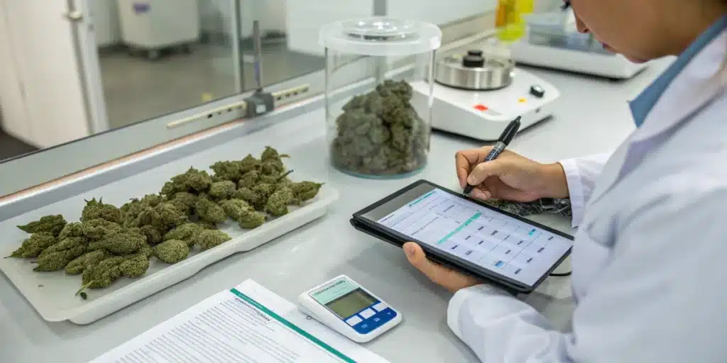 Cannabis quality assurance recordkeeping with a technician documenting flower sample inspection results.