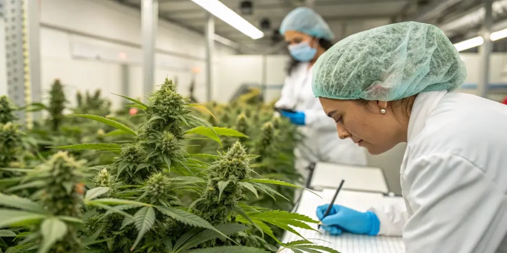 Cannabis quality control specialists inspecting flowering plants and recording cultivation data in a commercial grow facility.