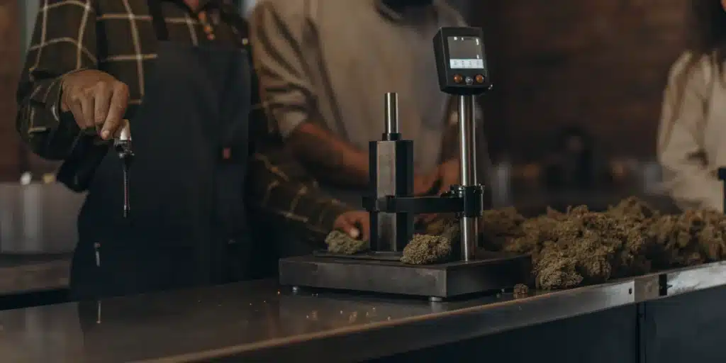 Cannabis quality control instrument measuring flower samples during laboratory inspection procedures.