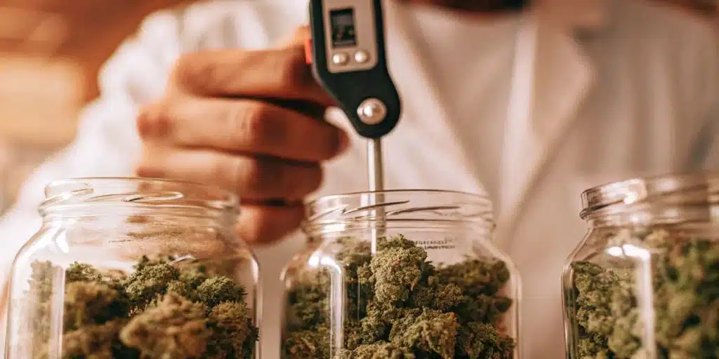 Technician using a digital moisture probe to test cured cannabis buds in storage jars.