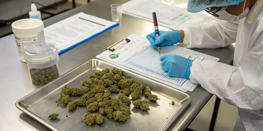 Cannabis quality control reporting with a technician documenting inspection results beside flower samples.
