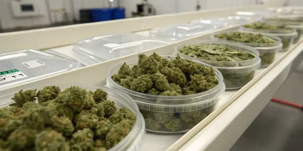 Cannabis buds stored in labeled plastic containers during quality control and post-harvest processing.