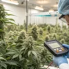Cannabis quality control technician measuring flowering plants with a digital testing device in a commercial grow facility.