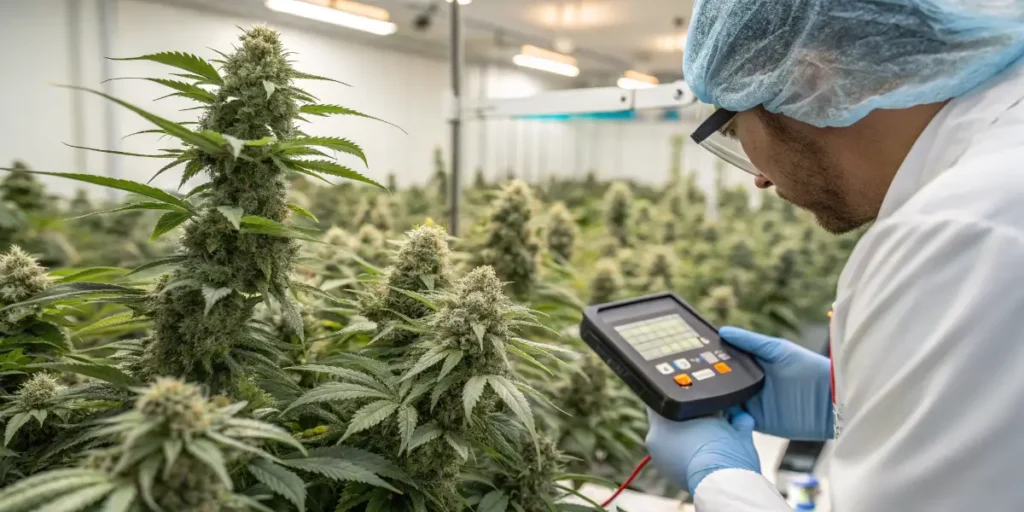 Cannabis quality control technician measuring flowering plants with a digital testing device in a commercial grow facility.