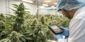 Cannabis quality control technician measuring flowering plants with a digital testing device in a commercial grow facility.