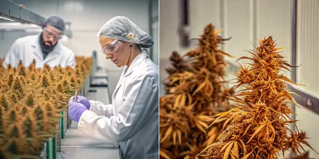Cannabis quality control specialists inspecting flowering plants and collecting samples in a cultivation facility.