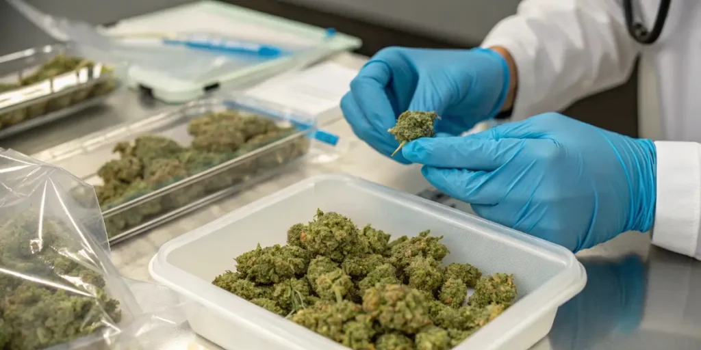 Laboratory technician inspecting cured cannabis buds during post-harvest quality control and packaging preparation.