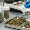 Cannabis buds being weighed and inspected before packaging in a professional quality control laboratory.