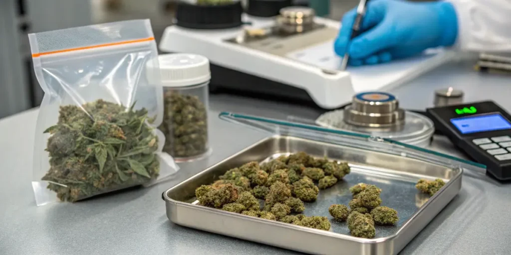 Cannabis buds being weighed and inspected before packaging in a professional quality control laboratory.
