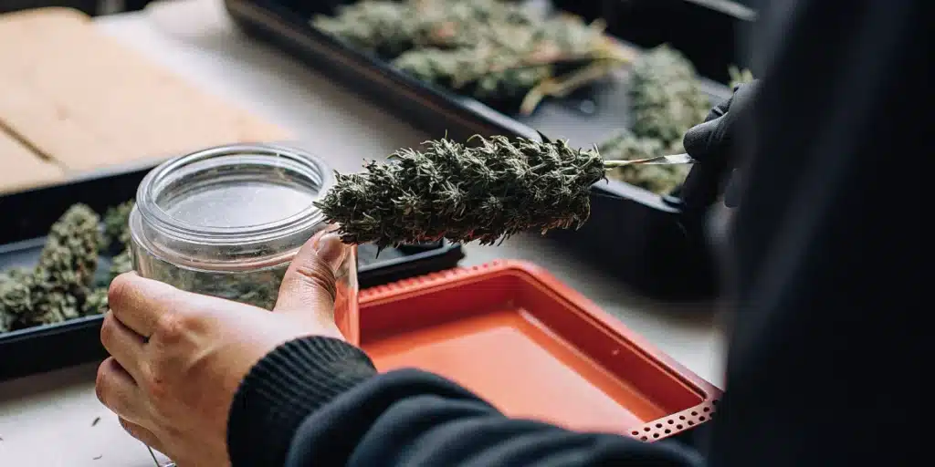 Technician collecting a cannabis flower sample from a cured bud for quality control testing.