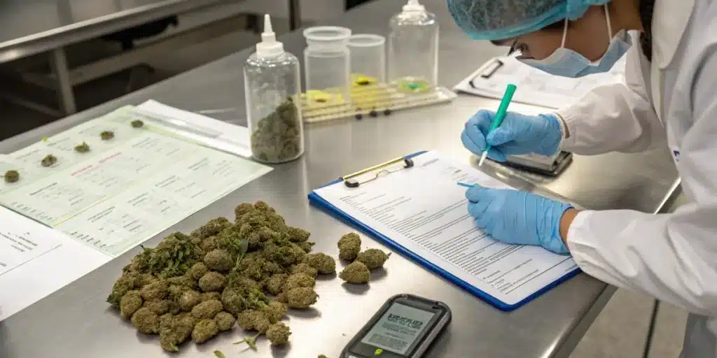 Cannabis sample compliance documentation with a technician evaluating flower samples and completing records.