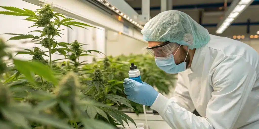 Scientist wearing protective equipment inspecting cannabis plants in a controlled indoor cultivation facility.