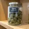 Glass jar of cured cannabis buds labeled 58% humidity stored on a shelf for long-term preservation.