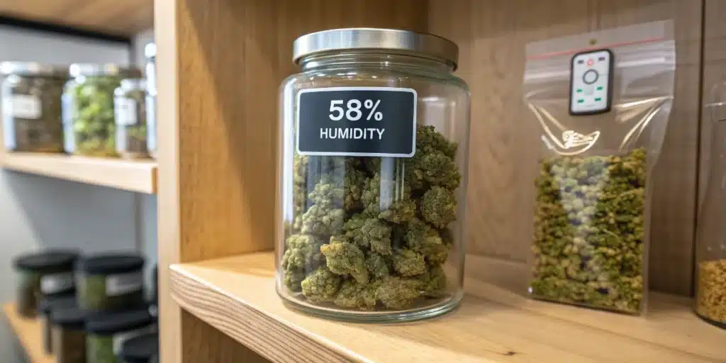 Glass jar of cured cannabis buds labeled 58% humidity stored on a shelf for long-term preservation.