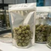 Cannabis flower stored in glass jars and sealed pouches alongside monitoring equipment in a controlled storage environment.