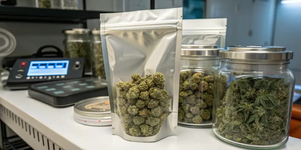 Cannabis flower stored in glass jars and sealed pouches alongside monitoring equipment in a controlled storage environment.