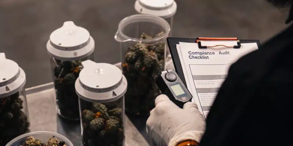 Cannabis storage compliance audit with an inspector reviewing samples and completing a checklist.