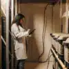 Cannabis storage facility inspection with a technician recording inventory data among sealed containers.