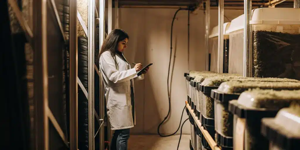Cannabis storage facility inspection with a technician recording inventory data among sealed containers.