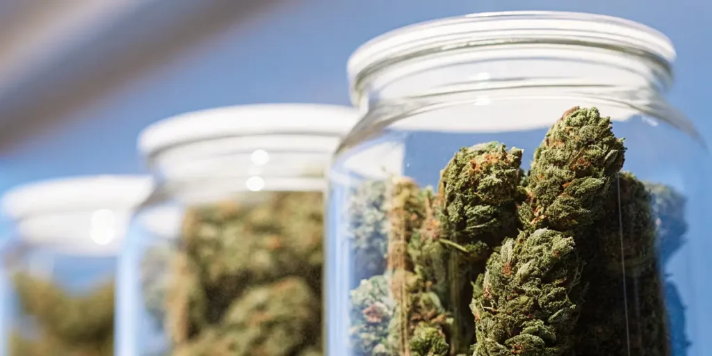 Glass jars filled with cured cannabis buds displayed in bright natural light for storage and preservation.