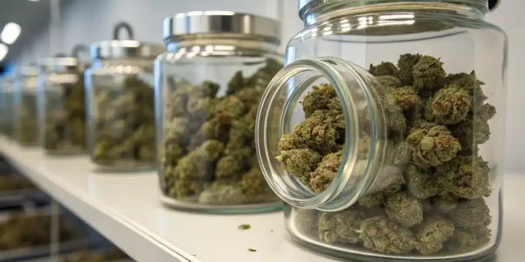 Glass jars filled with cured cannabis buds arranged on a storage shelf for long-term preservation.