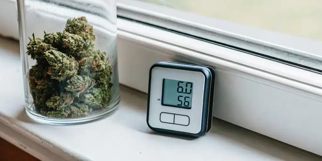 Cannabis buds stored in a glass jar beside a digital humidity monitor displaying storage conditions.