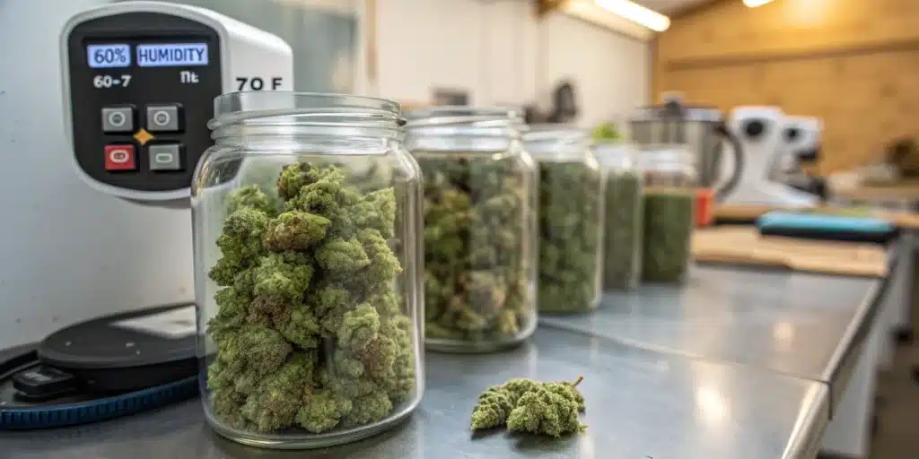 Glass jars filled with cured cannabis buds stored beside a humidity control monitor for long-term preservation.