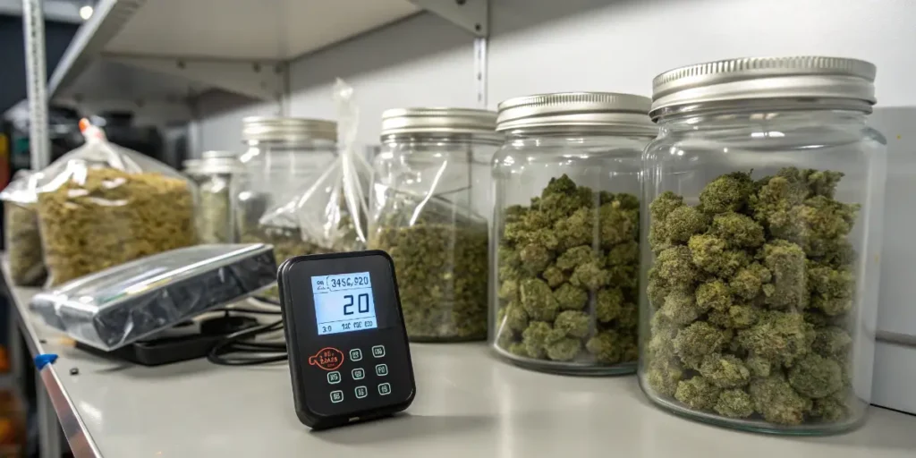 Cannabis buds stored in glass jars with a digital monitoring device used to track storage conditions and product quality.