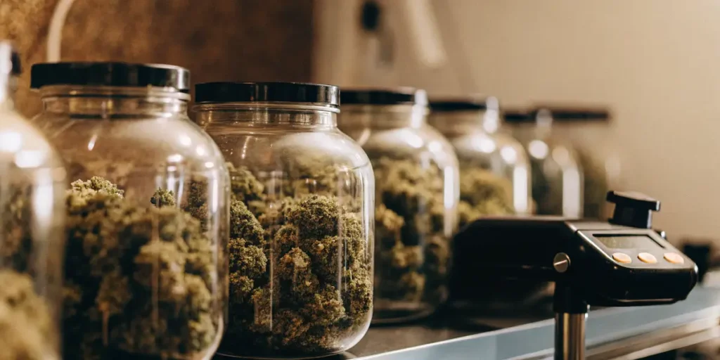 Glass jars filled with cured cannabis flowers alongside storage monitoring equipment in a quality control facility.