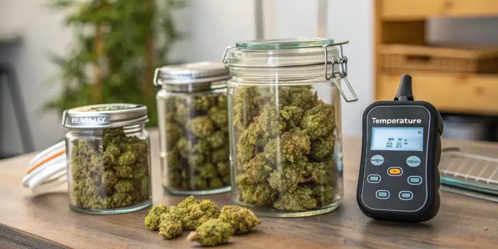 Glass jars filled with cured cannabis buds beside a temperature and humidity monitoring device.