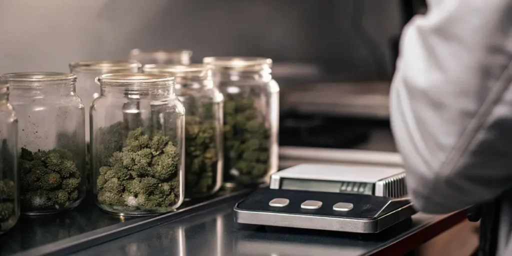 Cannabis flower samples in glass jars undergoing storage testing in a professional laboratory environment.