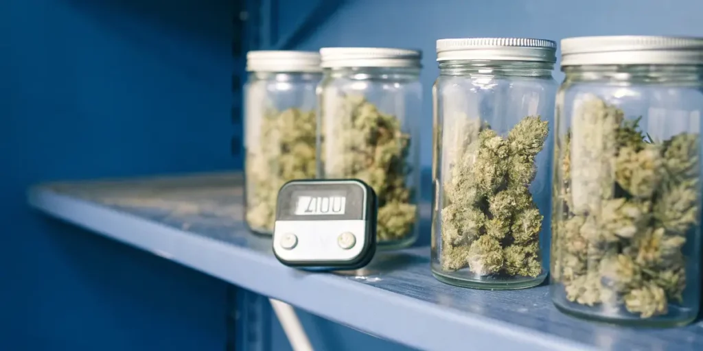 Glass jars filled with cured cannabis buds alongside a digital water activity monitor in a storage room.