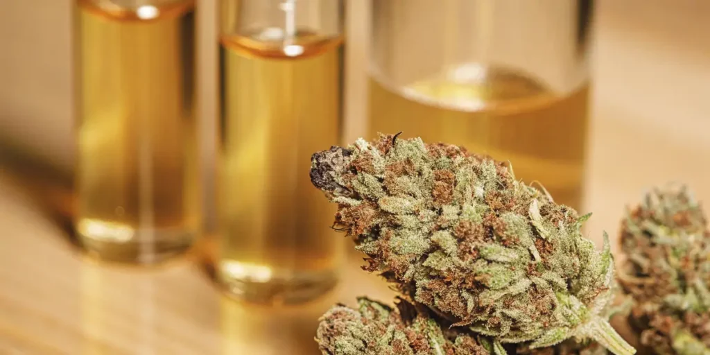 Cannabis buds with terpene extracts in glass containers, showcasing aromatic cannabis compounds.