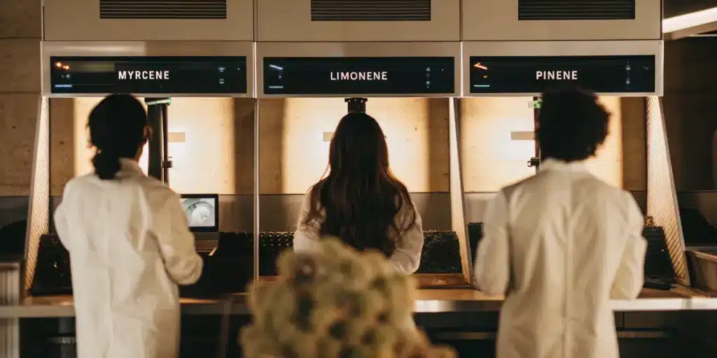 Laboratory team analyzing cannabis terpene profiles including myrcene, limonene, and pinene.