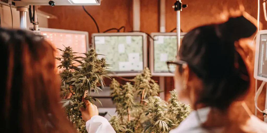 Scientists conducting VOC analysis and quality control on flowering cannabis plants using laboratory equipment.
