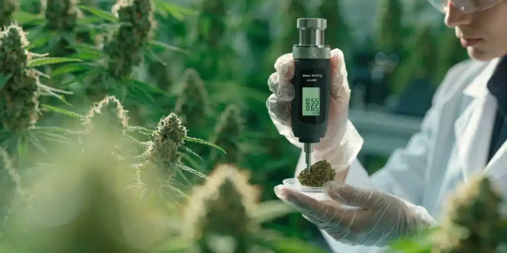 Cannabis water activity field testing with a handheld meter measuring a flower sample in a grow room.