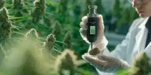 Cannabis water activity field testing with a handheld meter measuring a flower sample in a grow room.