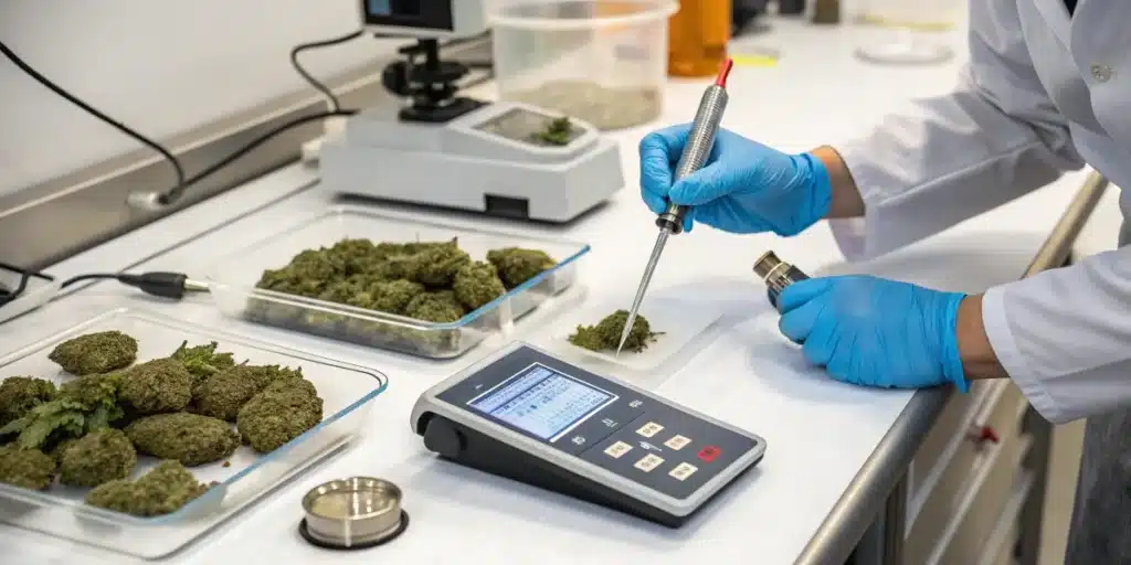 Cannabis water activity lab analysis with a technician testing flower samples using precision equipment.