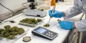 Cannabis water activity lab analysis with a technician testing flower samples using precision equipment.