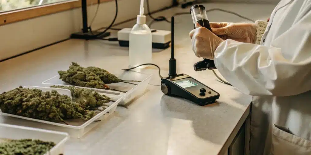 Cannabis water activity laboratory testing with a technician analyzing flower samples using AW equipment.